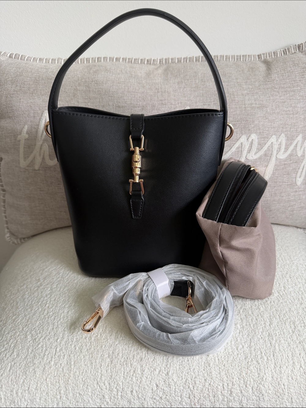 Black Bucket Bag with Gold Hardware
